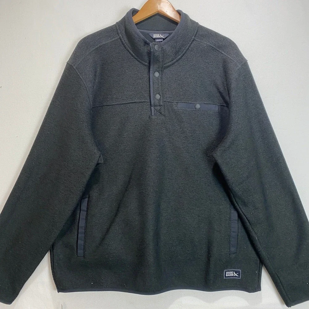 Eddie Bauer Quarter Snap‎ Fleece Pullover Mens XL Gray Textured Knit Mock Neck